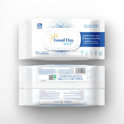 Two packs of Good Day with Care surface cleaning wipes shown on a light gray background, with the front pack at the top and the back pack below.